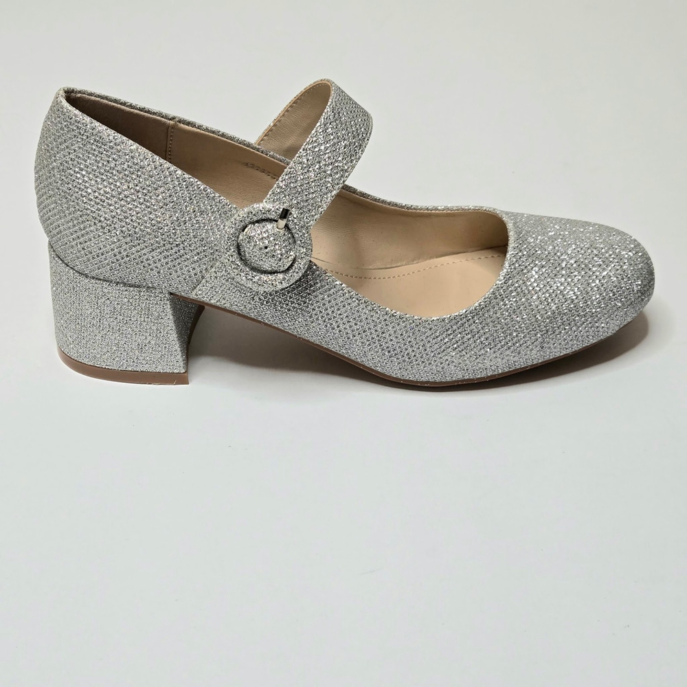 rsxses Silver Glitter Mary Jane Low Block Heels Strap Buckle Dress Shoes Sz 7